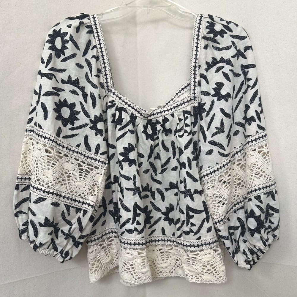 Christian Siriano Boho Peasant Boxy Linen Blend Floral Lace Blouse Puff Sleeve M